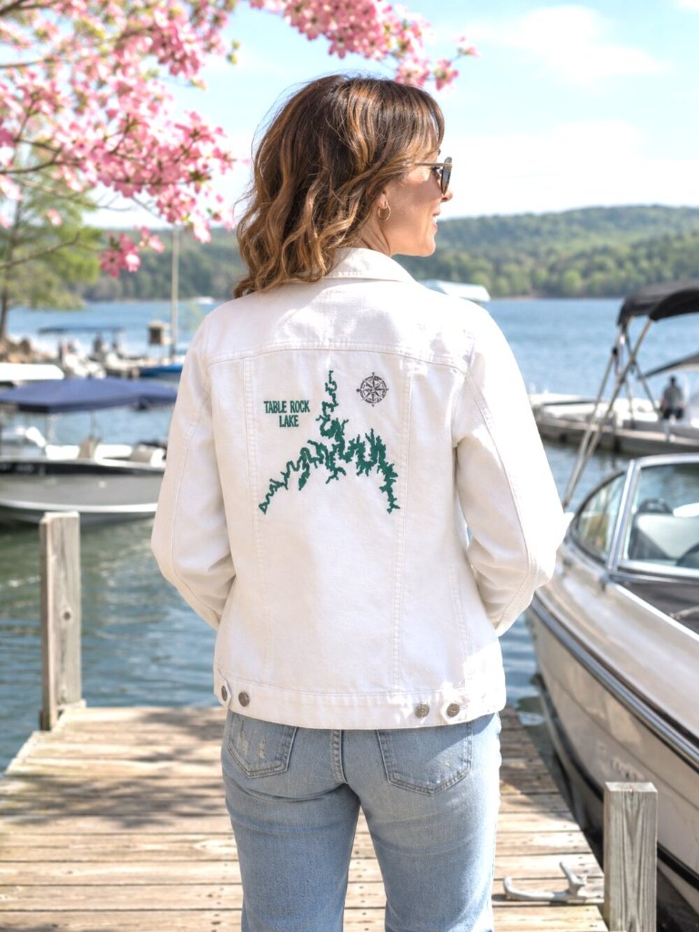 Table Rock Lake White Jean Jacket Upcycled Denim Coat Hand Painted Lake Map M